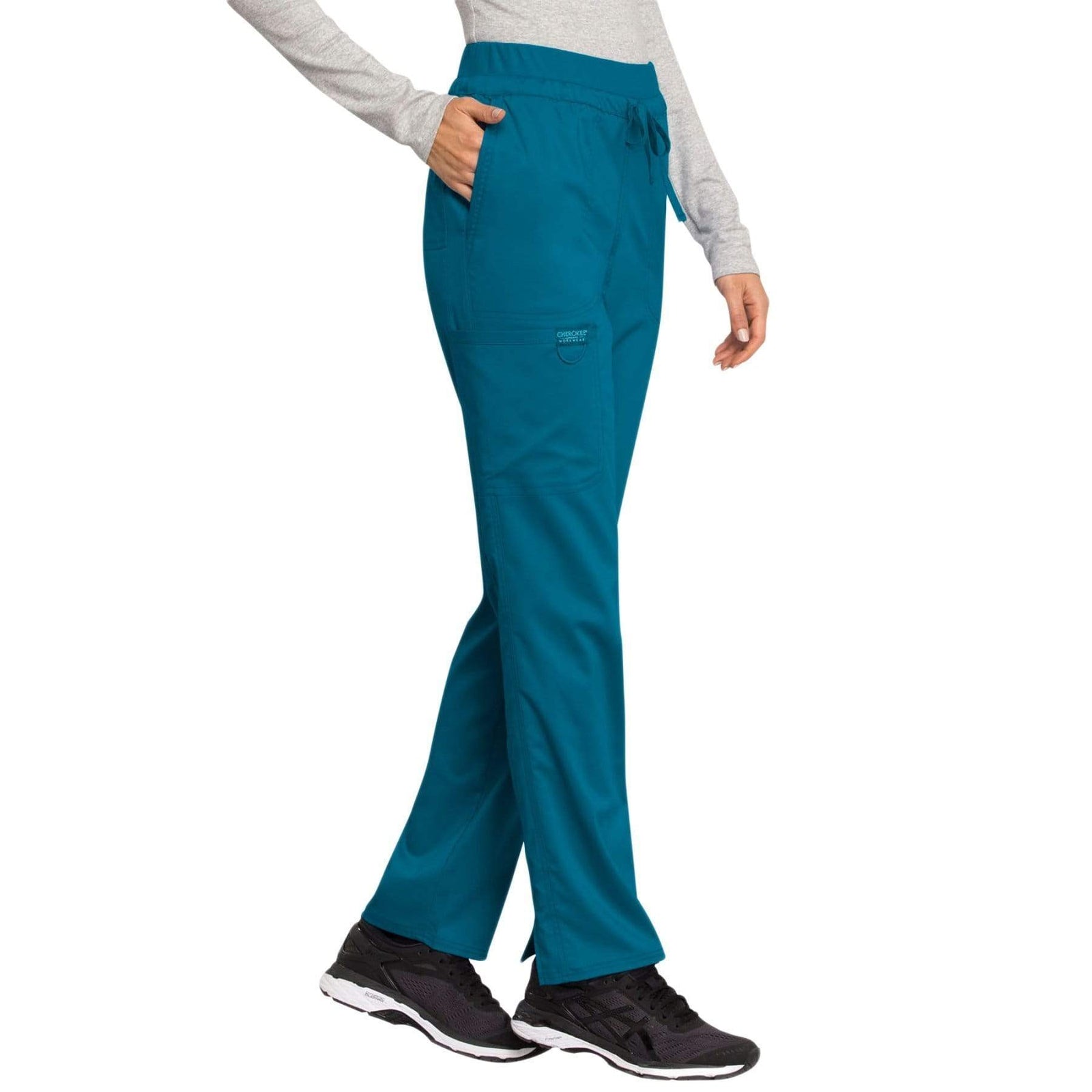 Cherokee Workwear Revolution WW105 Scrubs Pants Women's Mid Rise Tapered Leg Drawstring Caribbean Blue