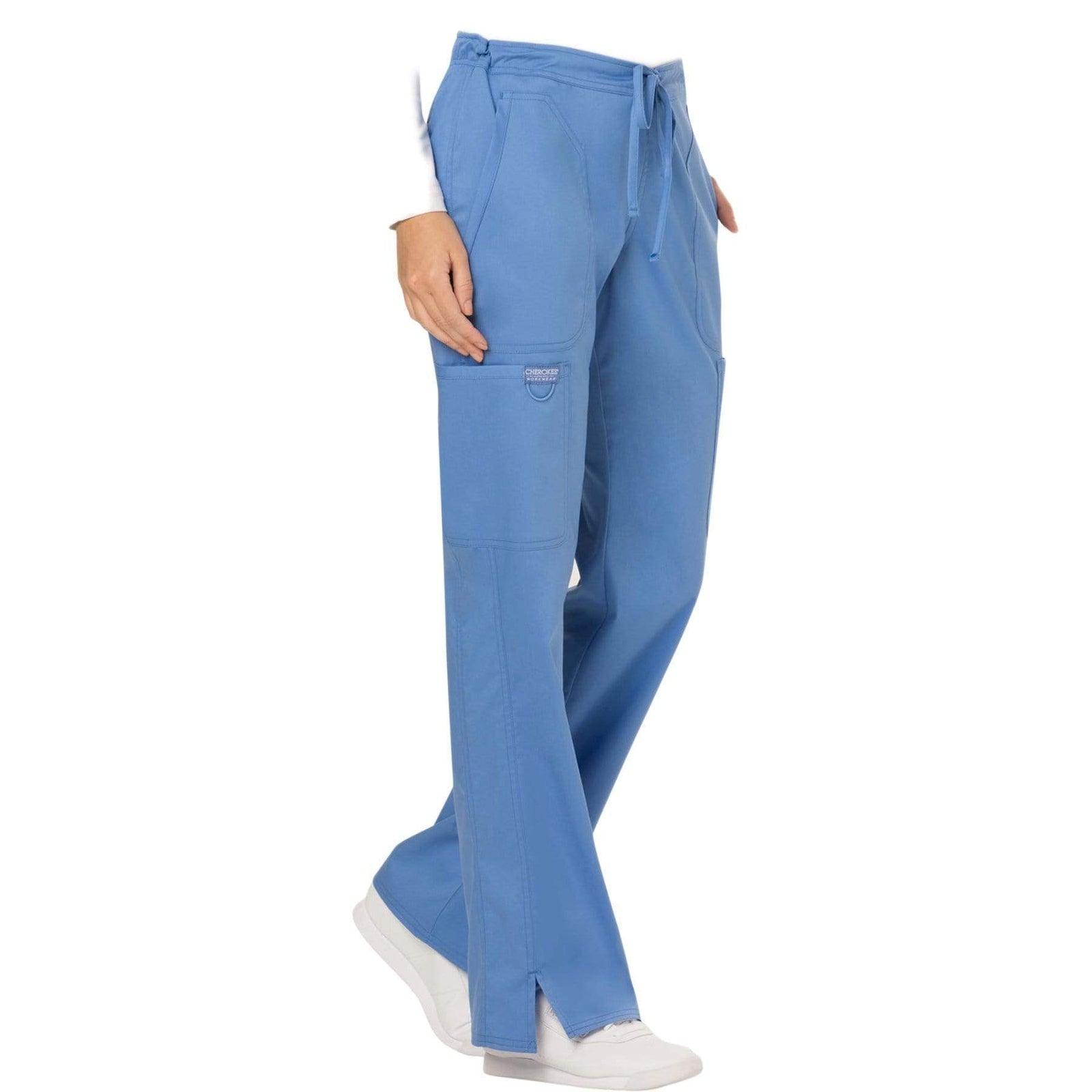 Cherokee Workwear Revolution WW120 Scrubs Pants Women's Mid Rise Flare Drawstring Ceil Blue