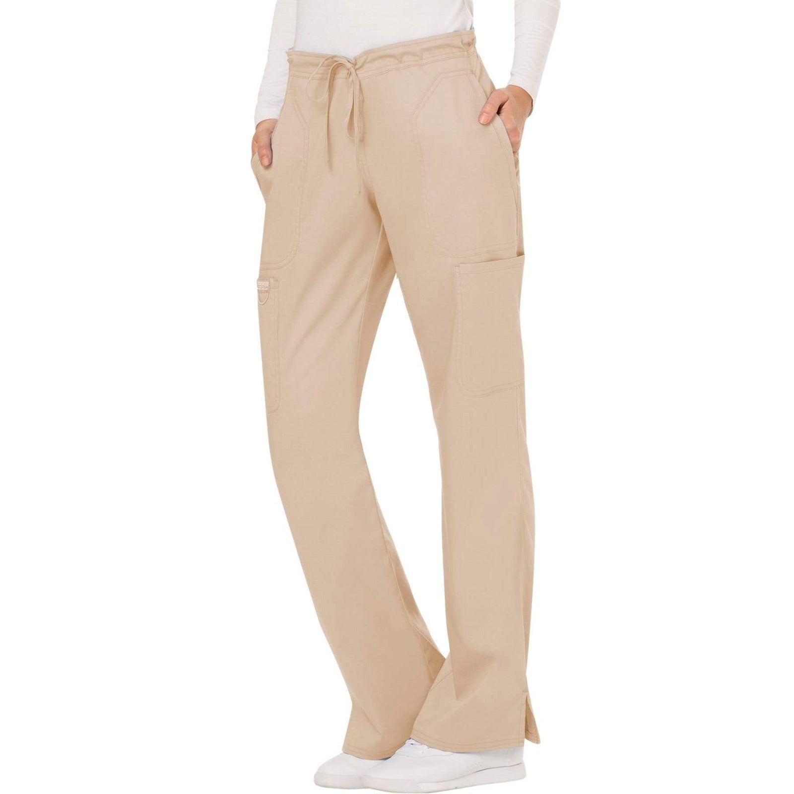 Cherokee Workwear Revolution WW120 Scrubs Pants Women's Mid Rise Flare Drawstring Khaki
