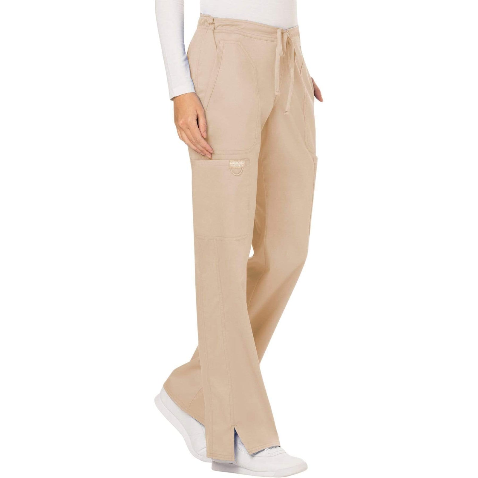 Cherokee Workwear Revolution WW120 Scrubs Pants Women's Mid Rise Flare Drawstring Khaki