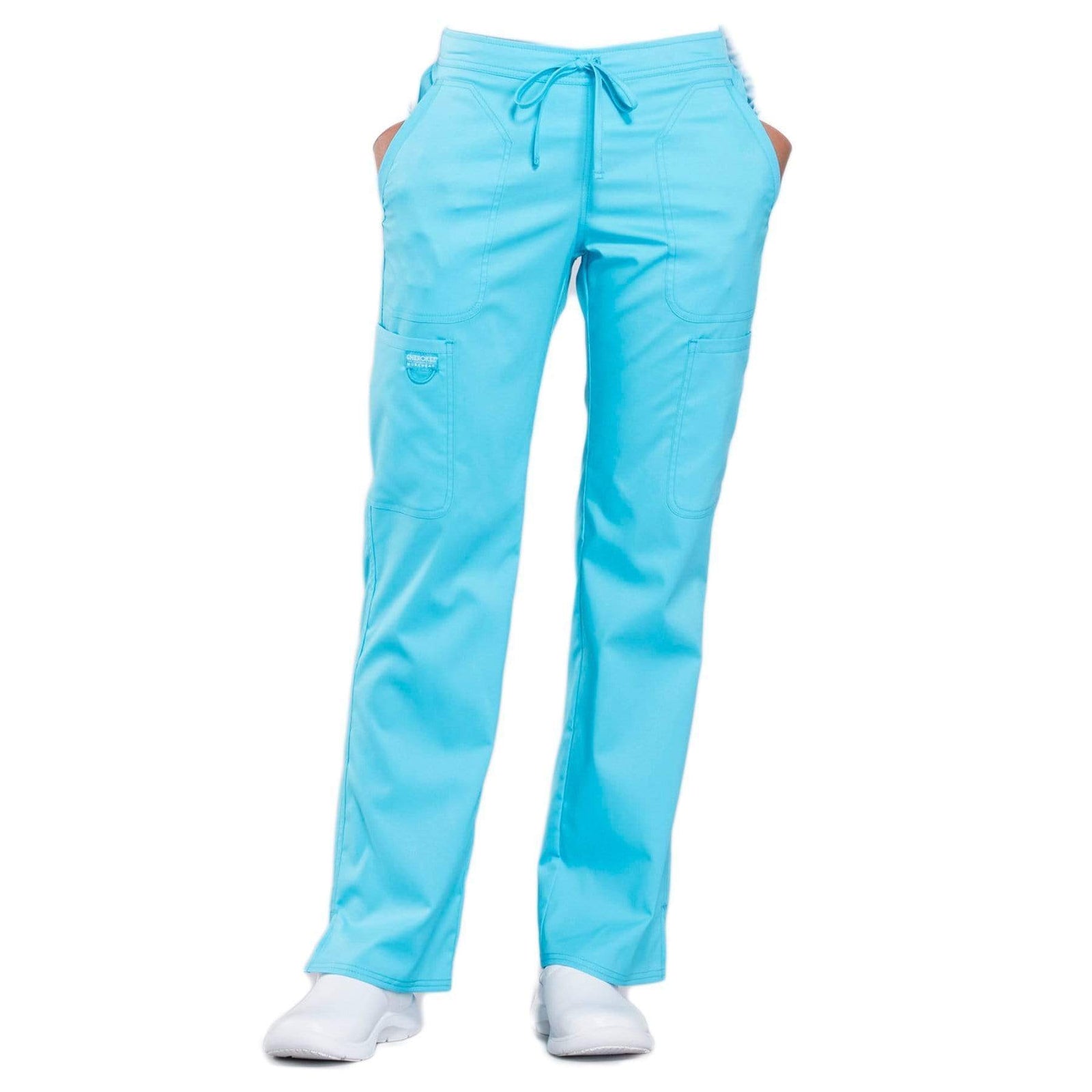 Cherokee Workwear Revolution WW120 Scrubs Pants Women's Mid Rise Flare Drawstring Turquoise