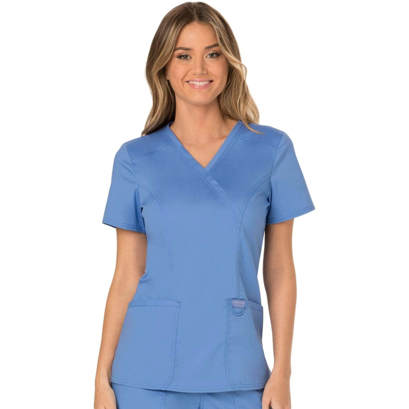 Cherokee Workwear Revolution WW610 Scrubs Top Women's Mock Wrap Ceil Blue