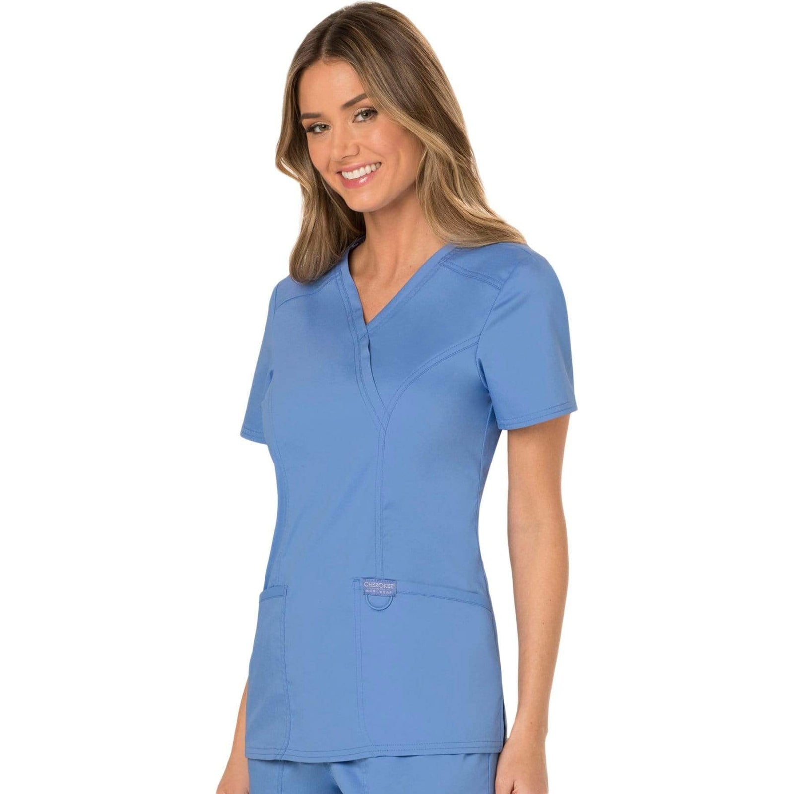 Cherokee Workwear Revolution WW610 Scrubs Top Women's Mock Wrap Ceil Blue
