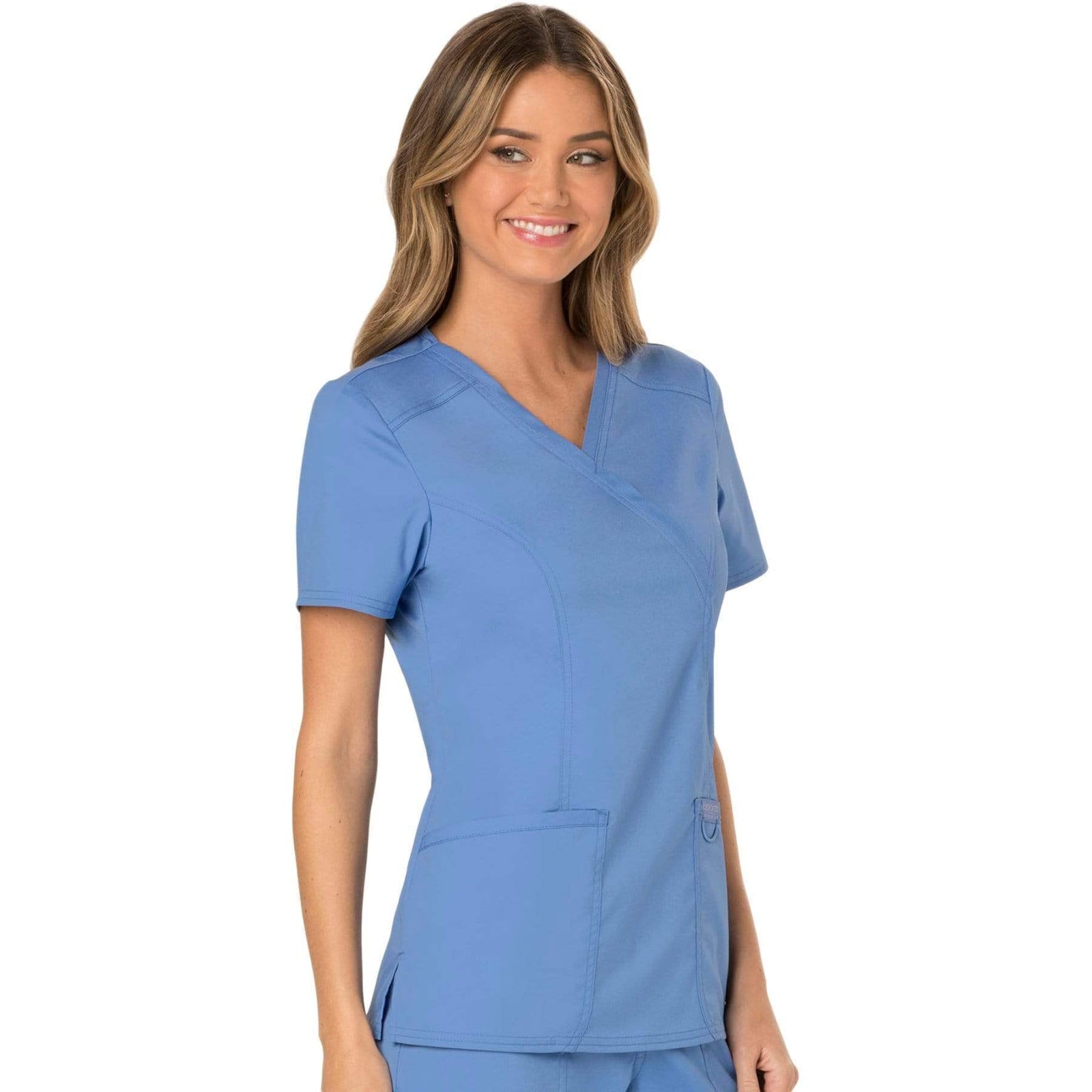 Cherokee Workwear Revolution WW610 Scrubs Top Women's Mock Wrap Ceil Blue