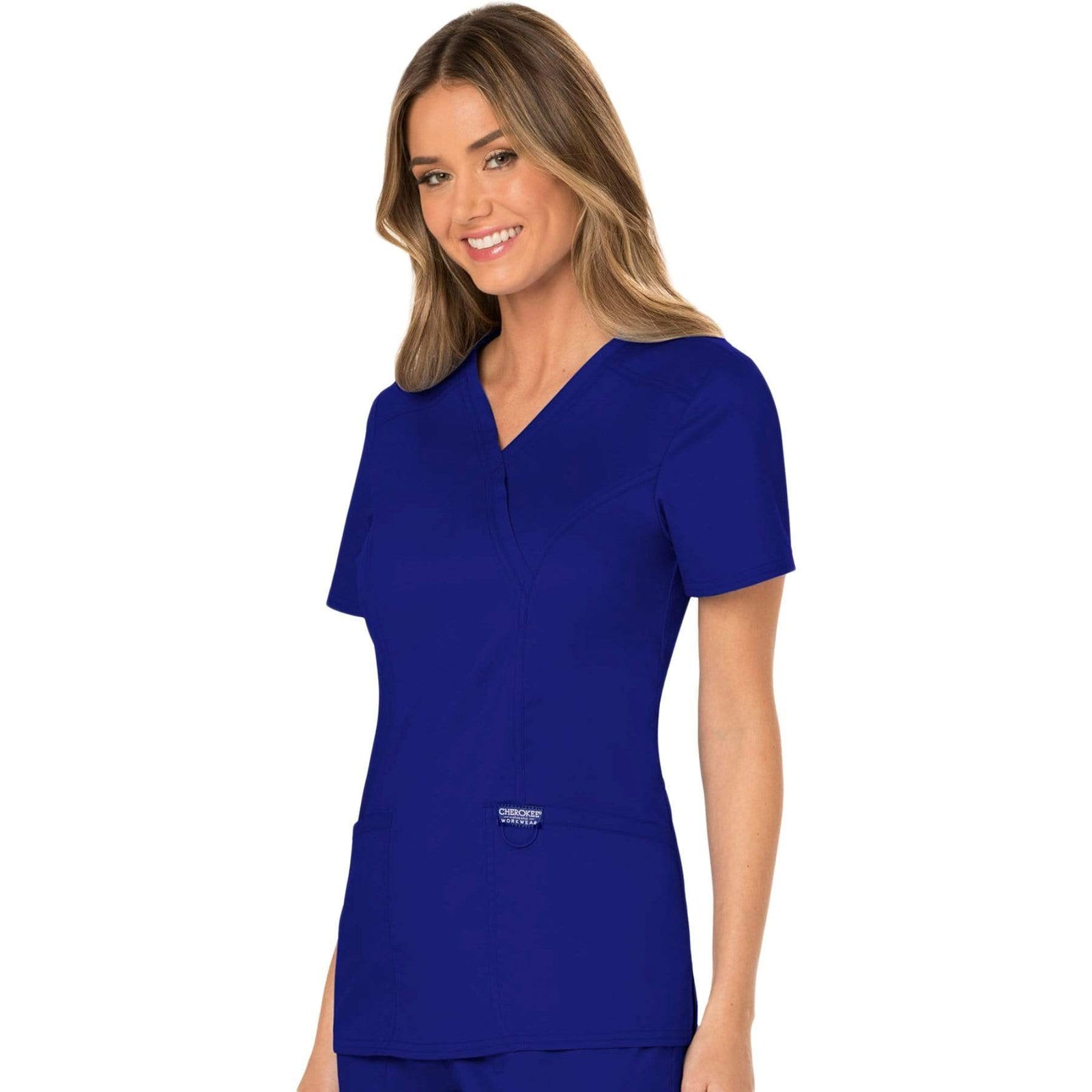 Cherokee Workwear Revolution WW610 Scrubs Top Women's Mock Wrap Galaxy Blue