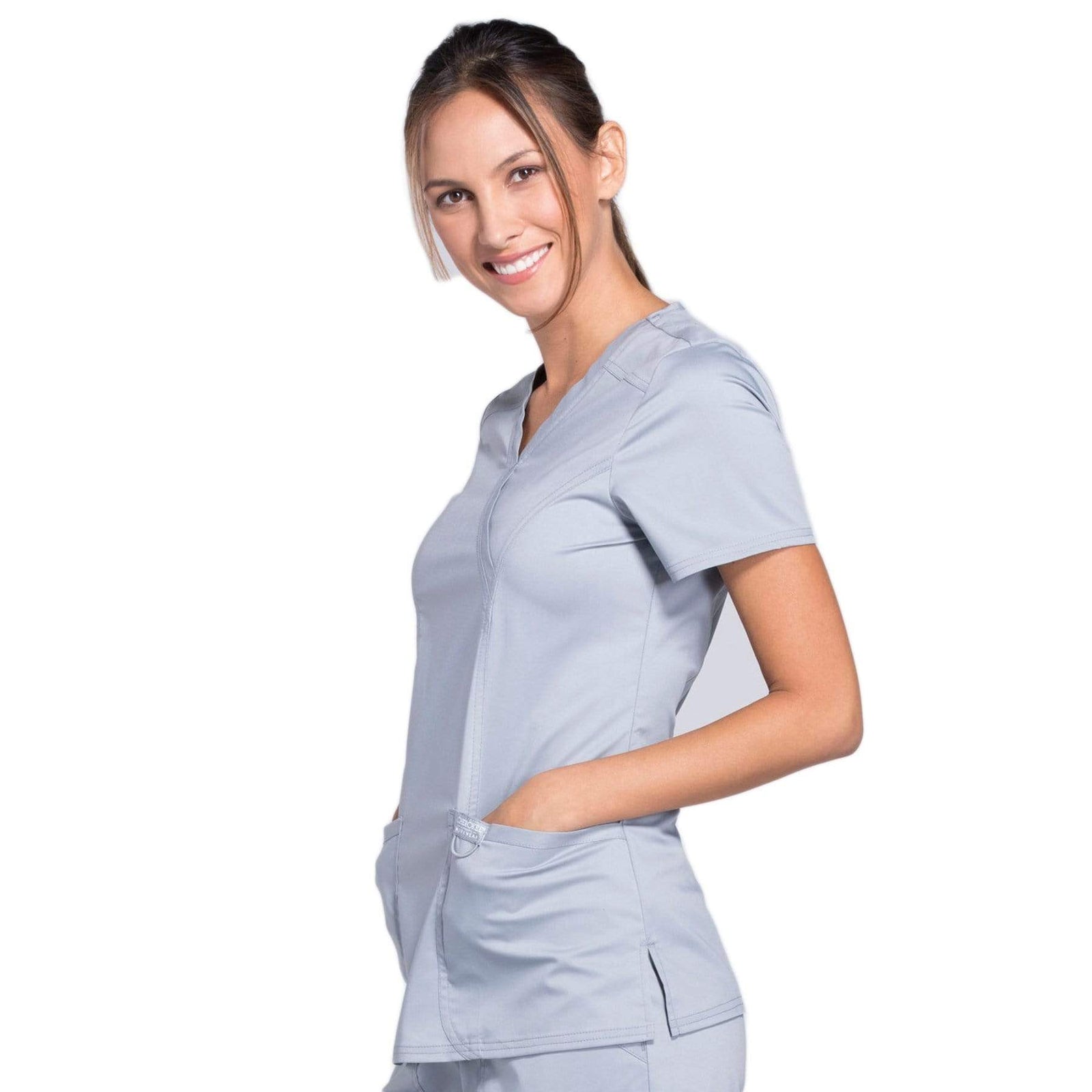Cherokee Workwear Revolution WW610 Scrubs Top Women's Mock Wrap Grey
