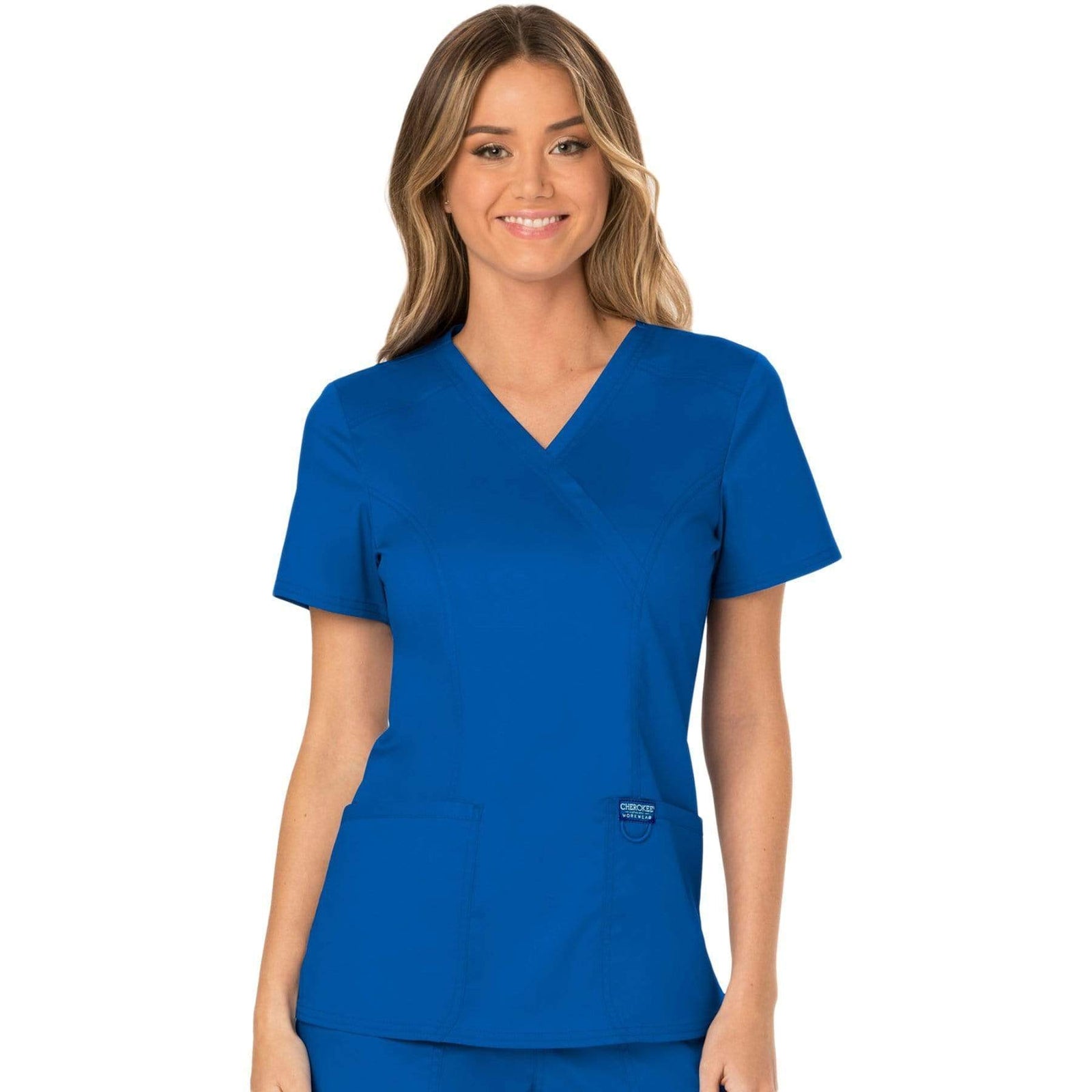 Cherokee Workwear Revolution WW610 Scrubs Top Women's Mock Wrap Royal