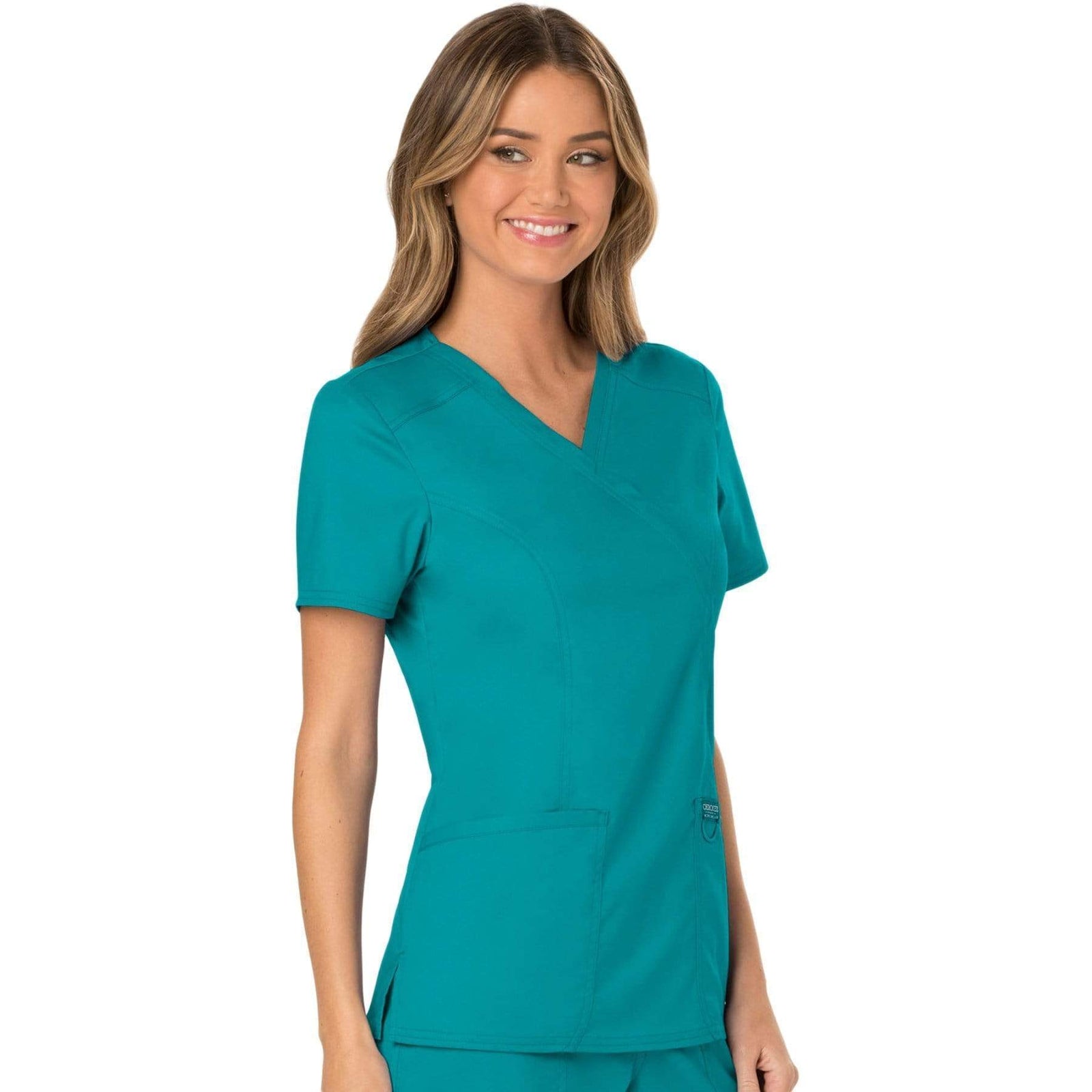 Cherokee Workwear Revolution WW610 Scrubs Top Women's Mock Wrap Teal Blue