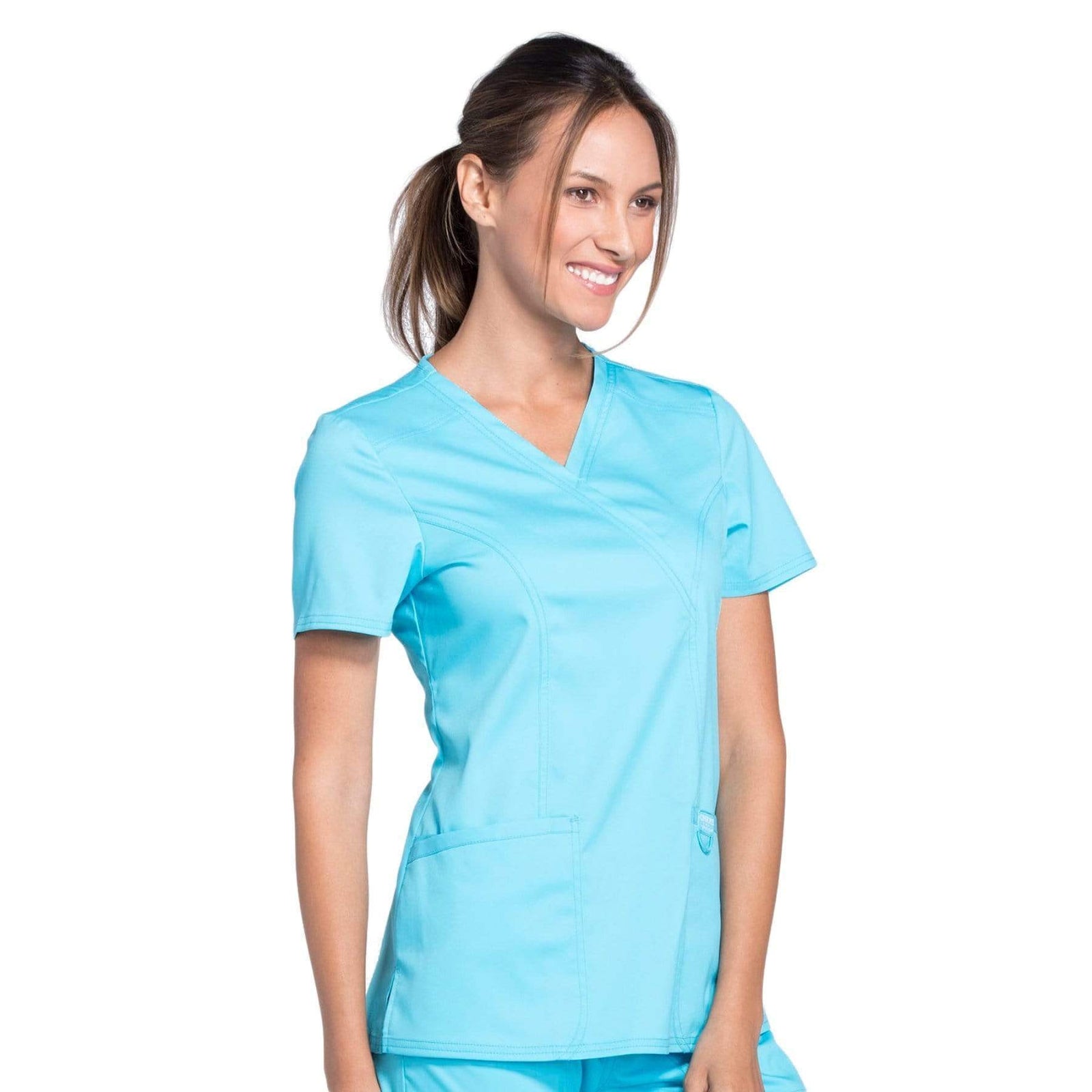Cherokee Workwear Revolution WW610 Scrubs Top Women's Mock Wrap Turquoise