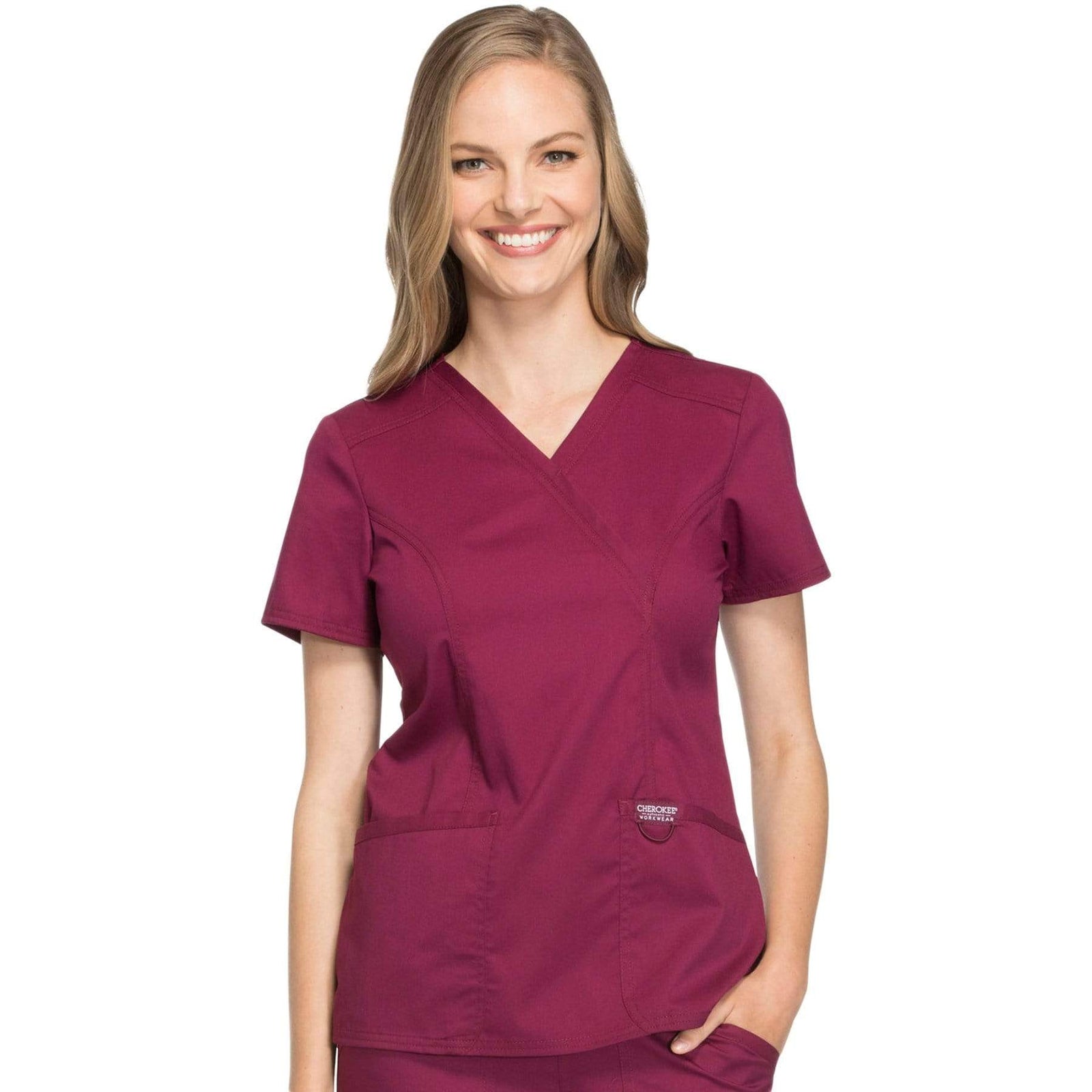 Cherokee Workwear Revolution WW610 Scrubs Top Women's Mock Wrap Wine