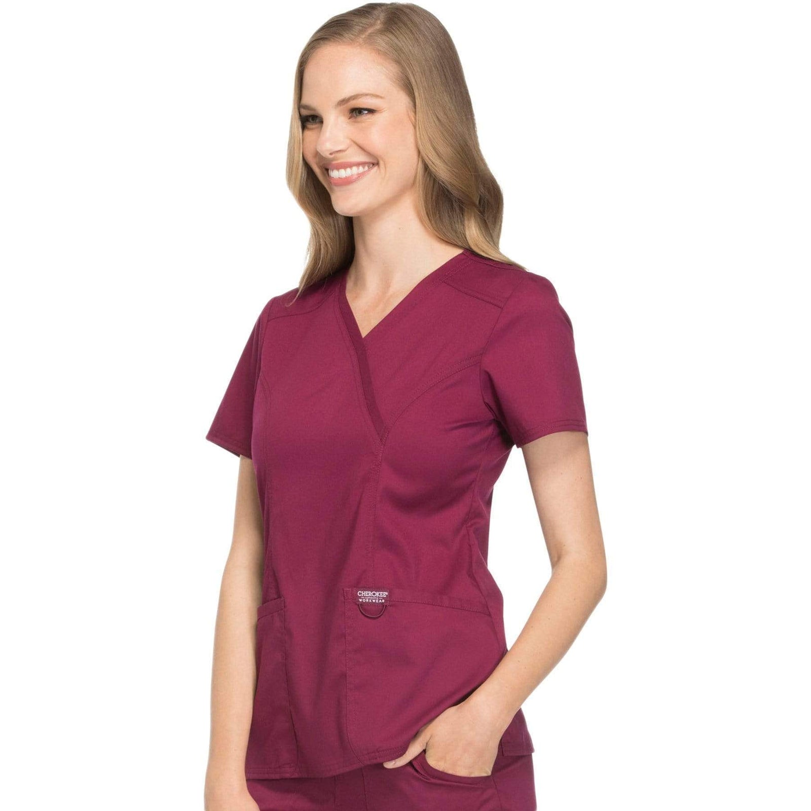 Cherokee Workwear Revolution WW610 Scrubs Top Women's Mock Wrap Wine