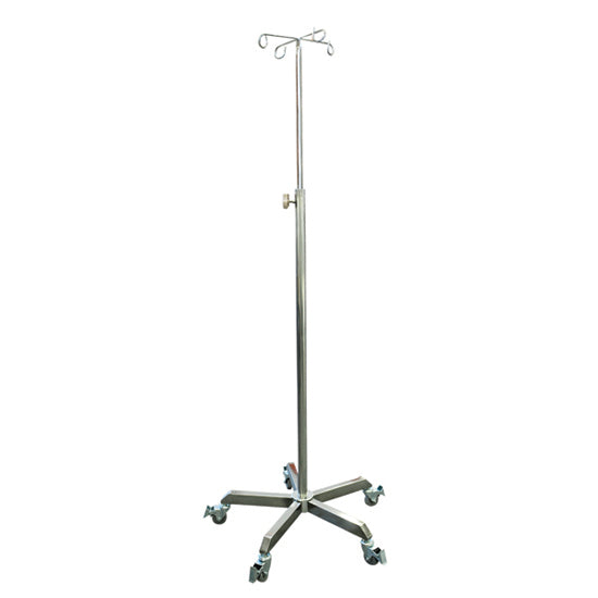 A strong four hook stainless steel IV stand with a five leg weighted base and easy mobility.