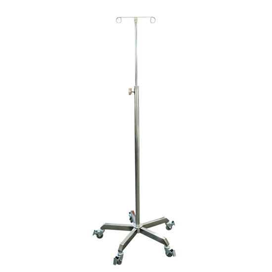 A strong stainless steel IV stand two hook with wide adjustable height range, five leg weighted base and lockable wheels for easy mobility.
