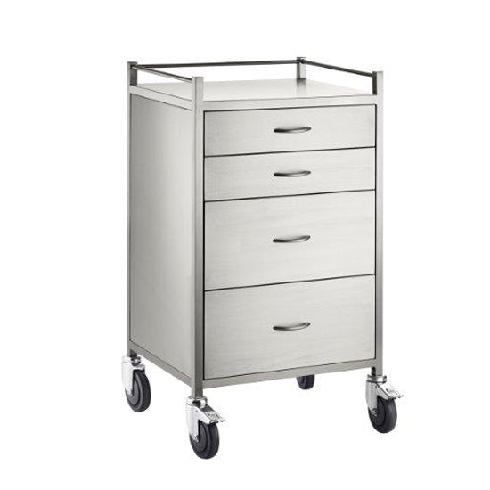 A strong high quality anaesthetic trolley with two standard and two deep drawer with rails on the top and lockable castors for safety.