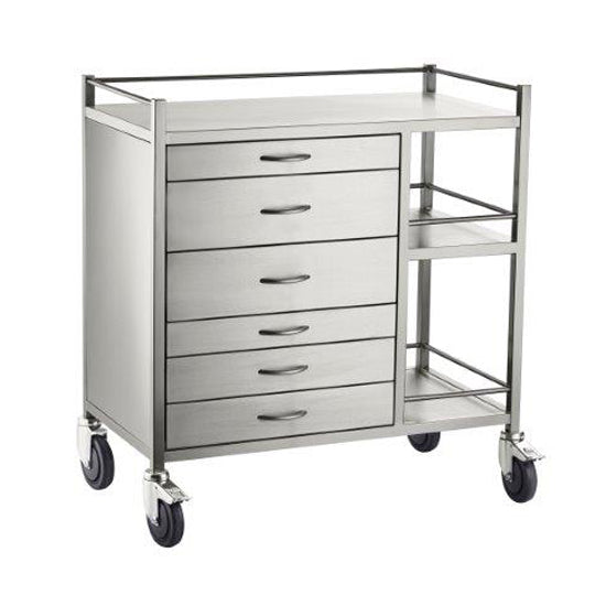 A strong high quality six drawer anaesthetic trolley with two side shelves with rails. It has a large top surface with rails on three sides and lockable castors for safety.