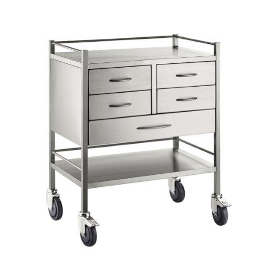 A strong high quality five drawer resuscitation trolley with rails on both shelves and lockable castors for safety.