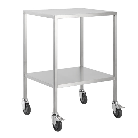 A high grade stainless steel trolley 50cm wide with no draws or rails. Has lockable castors for safety.