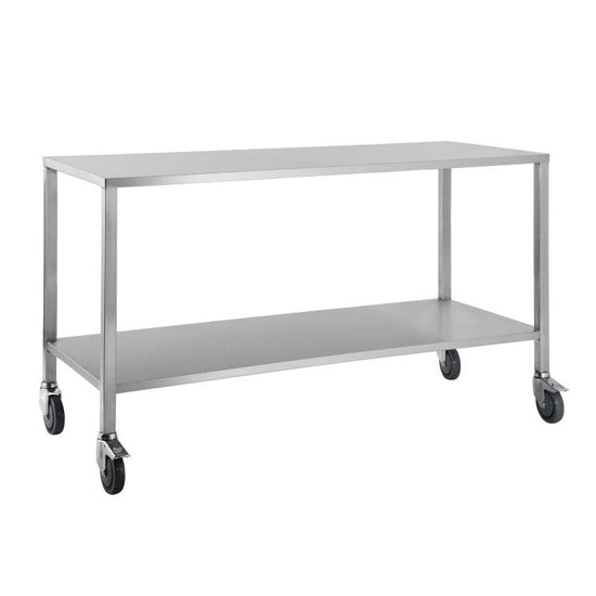 A high grade stainless steel trolley 80cm wide with no draws or rails. Has lockable castors for safety.