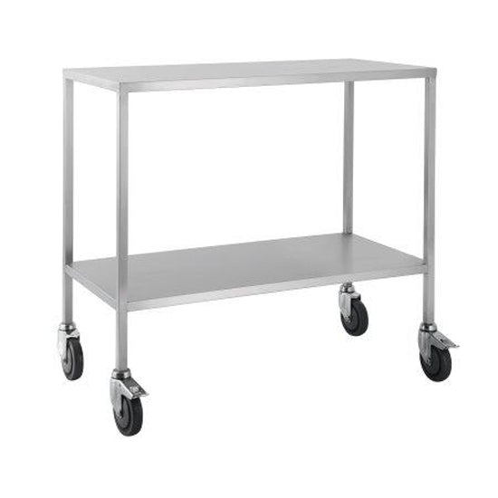 A high grade stainless steel trolley 60cm wide with no draws or rails. Has lockable castors for safety.