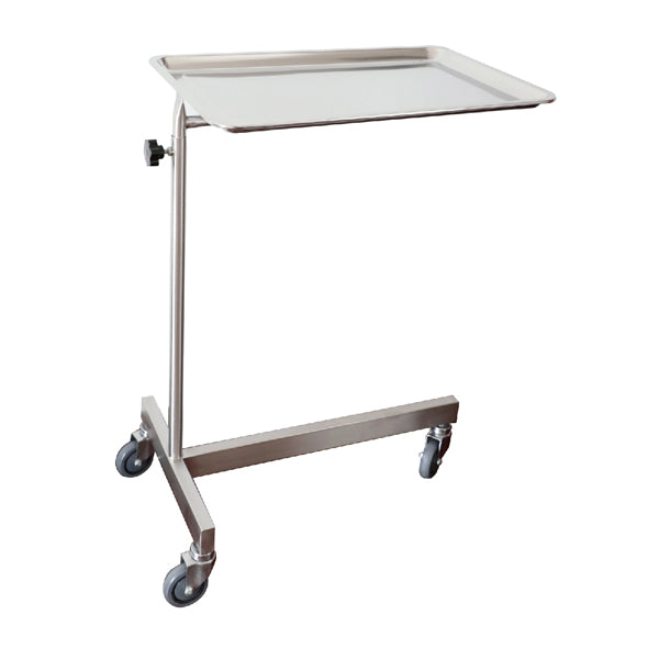 Strong stainless steel mayo trolley with removeable tray, height adjustment and lockable castors for safety.