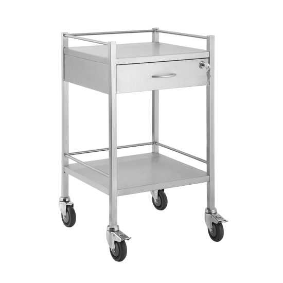 A high grade single stainless steel trolley with one lockable drawer. Has top and bottom side rails and locks on the castor wheels for safety.