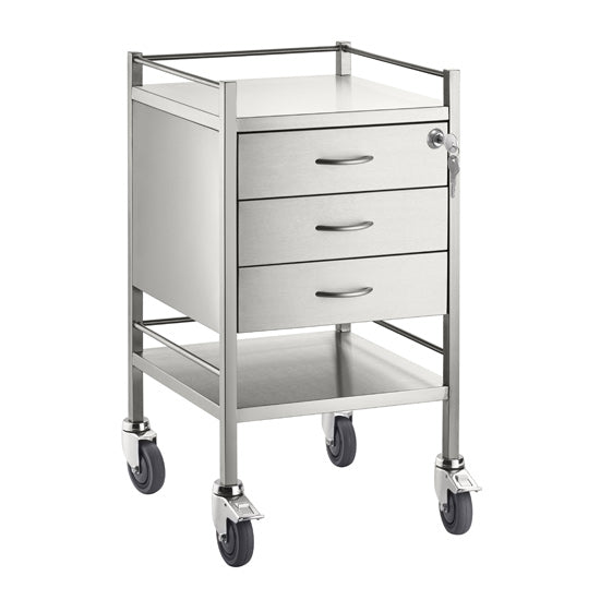 A high grade single stainless steel three drawers trolley. Top drawer with lock. Has top and bottom side rails and locks on the castor wheels for safety.