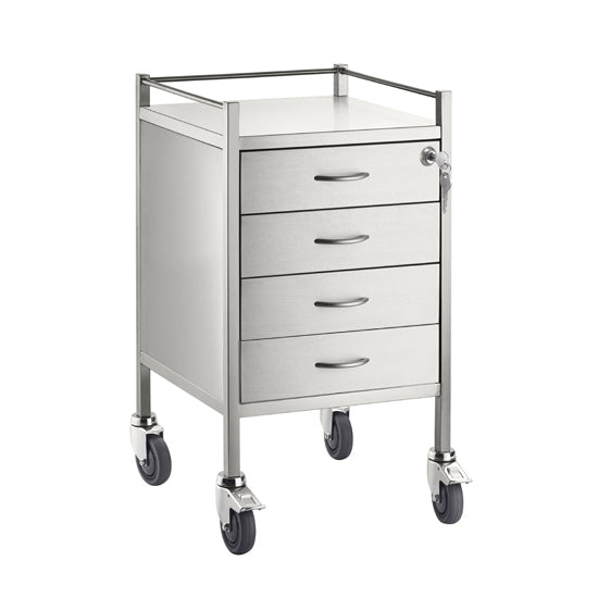 A high grade single stainless steel four drawer trolley. Top drawer with lock. Has top and bottom side rails and locks on the castor wheels for safety.