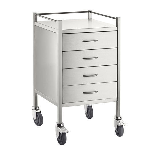 A high grade four drawer stainless steel trolley with smooth rolling castors, shelf, rails and an outstanding finish.