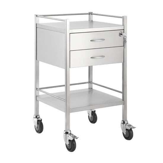 High grade single stainless steel two drawer trolley. Top drawer with lock. Has top and bottom side rails and locks on the front castor wheels for safety.