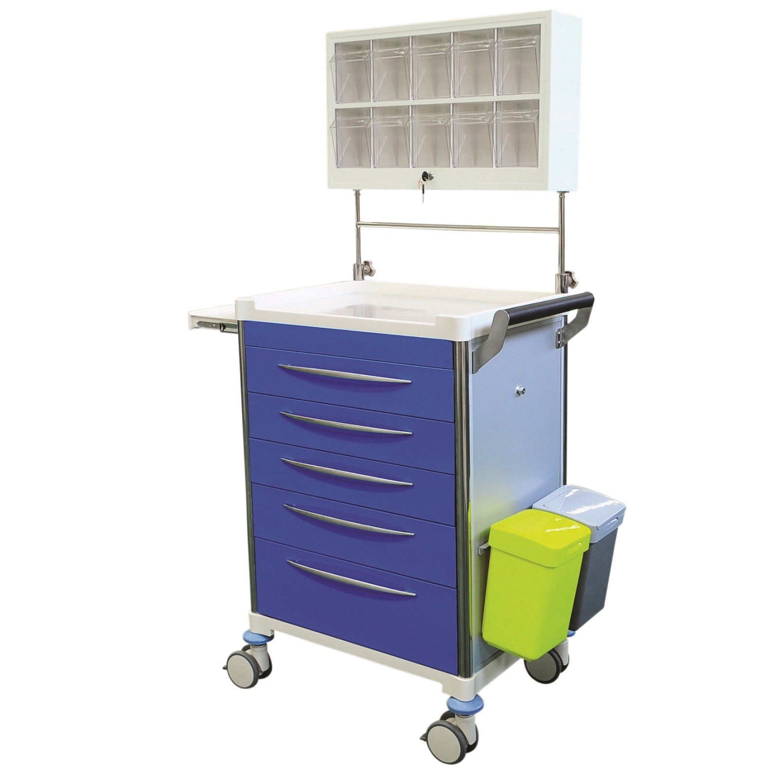 Anesthesia trolley with an extension table, waste bin, stainless steel wire basket and soft closing drawers.