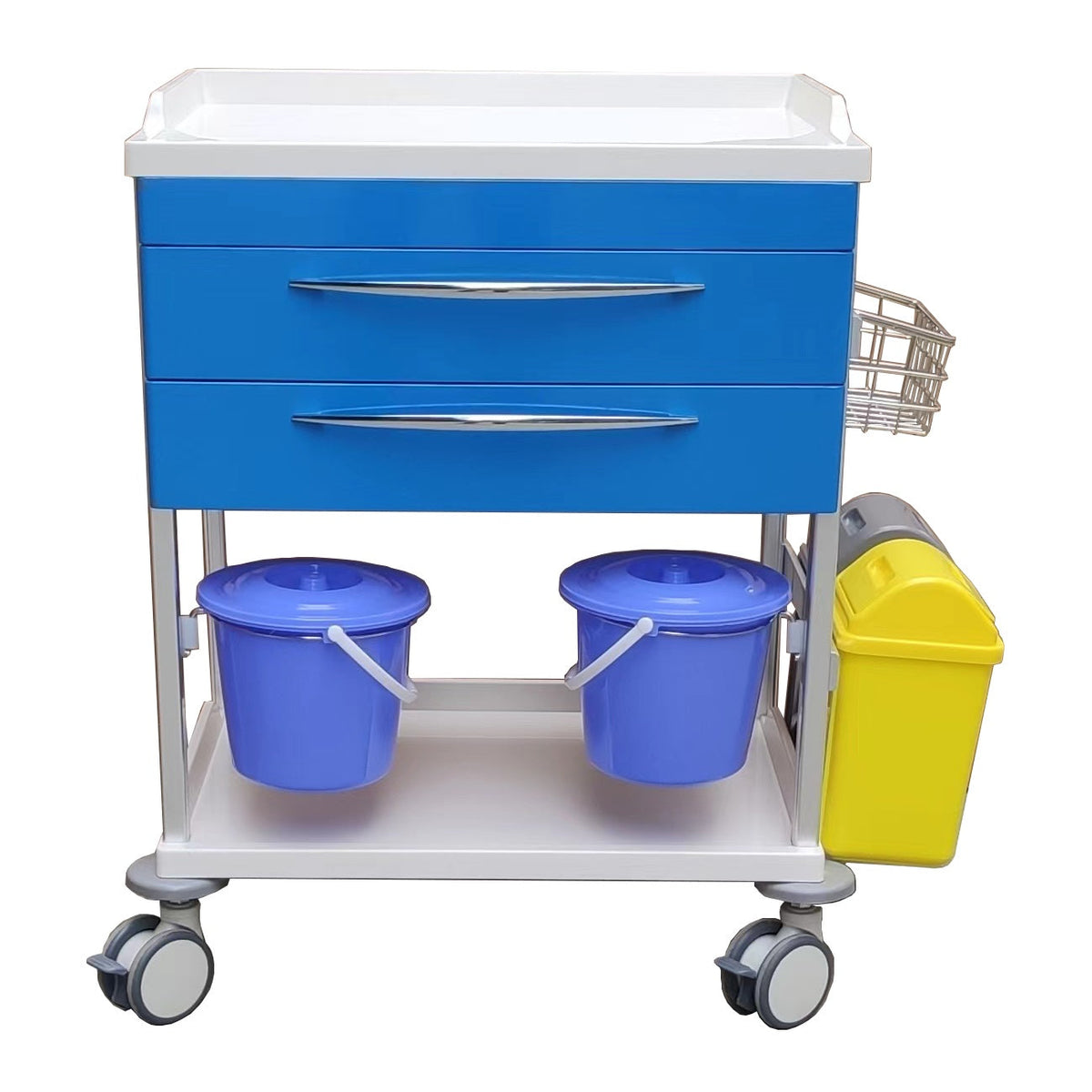A popular two drawer ABS dressing trolley loaded with features such as extension table, bins, two buckets &amp;amp; a drawer central lock.