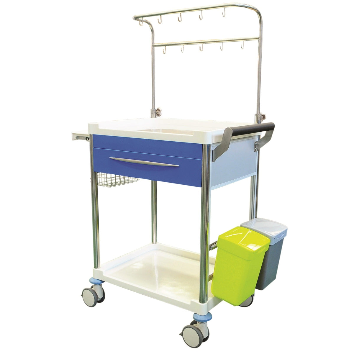 A fully featured infusion trolley including bins, basket &amp;amp; adjustable height IV bag pole.