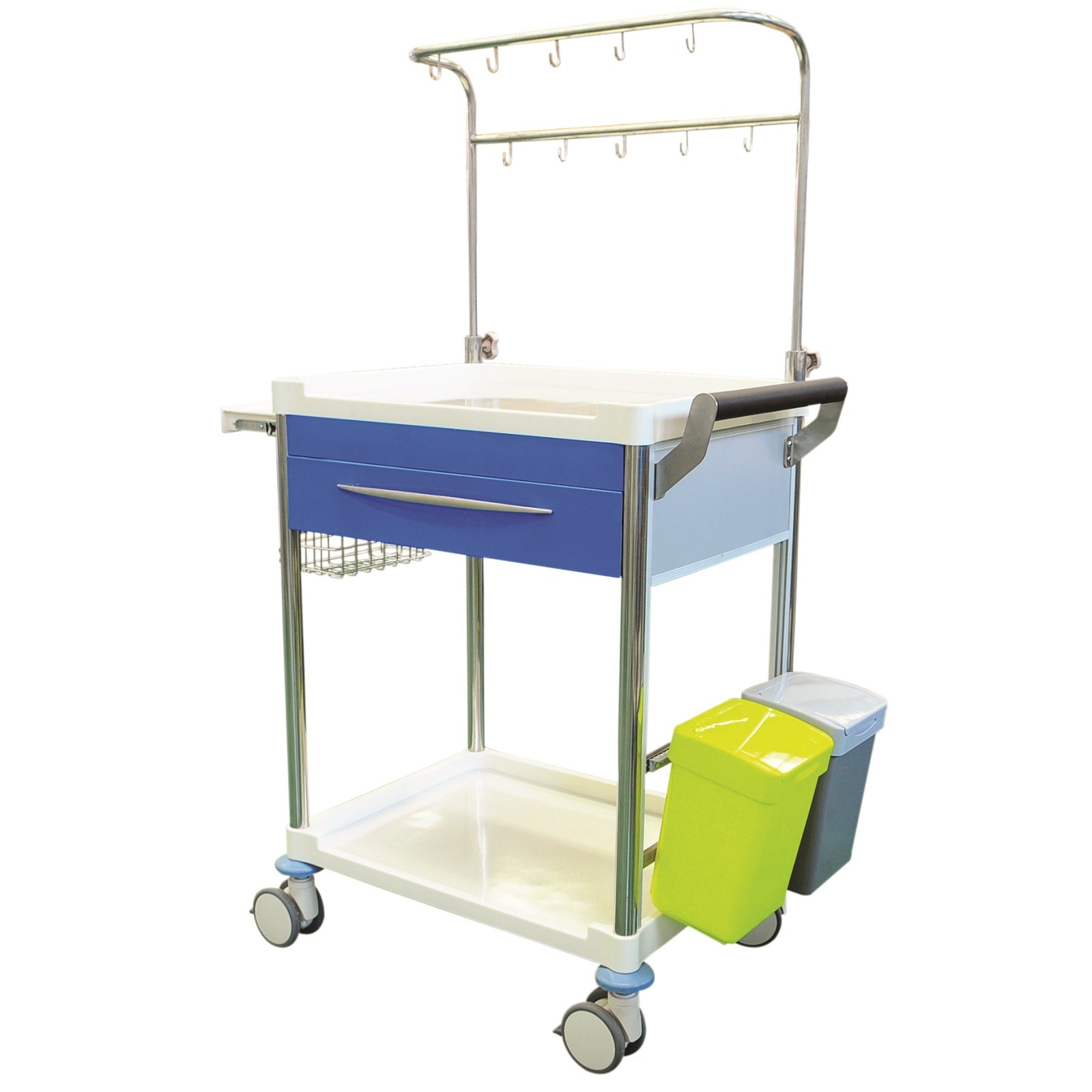 A fully featured infusion trolley including bins, basket &amp; adjustable height IV bag pole.