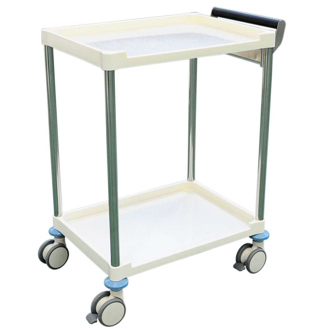 A strong ABS instrument trolley for transport of goods and equipment throughout healthcare facilities.