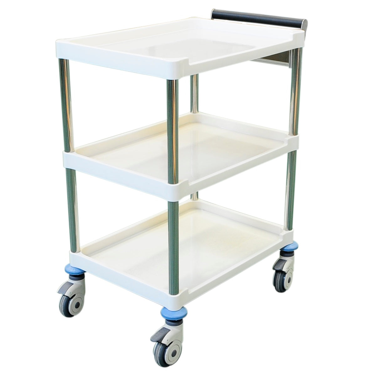 A strong ABS instrument trolley with one shelf for transport of goods throughout healthcare facilities.