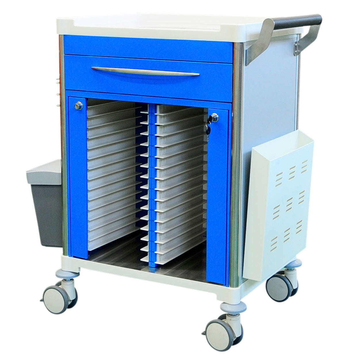 A full featured single drawer medical records trolley including all accessories. A great addition to any healthcare facility.
