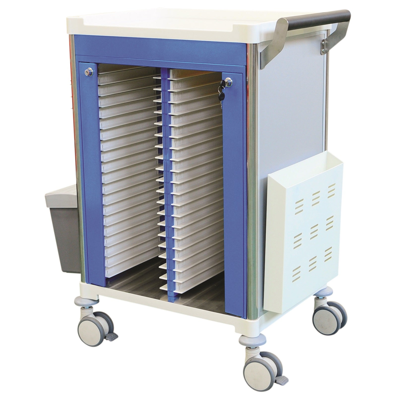 A full featured medical records trolley including all accessories. A great addition to any healthcare facility.