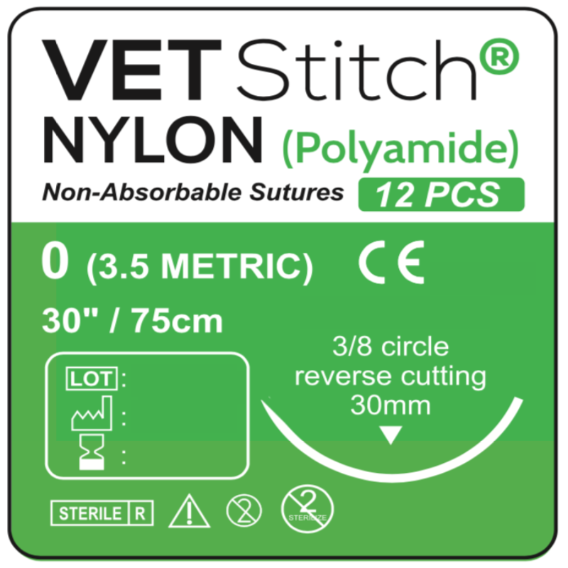 Vet Stitch Veterinary Australia NYLON 30mm 3/8 Circle Reverse Cutting Surgical Sutures 75cm (Box of 12) Size 0