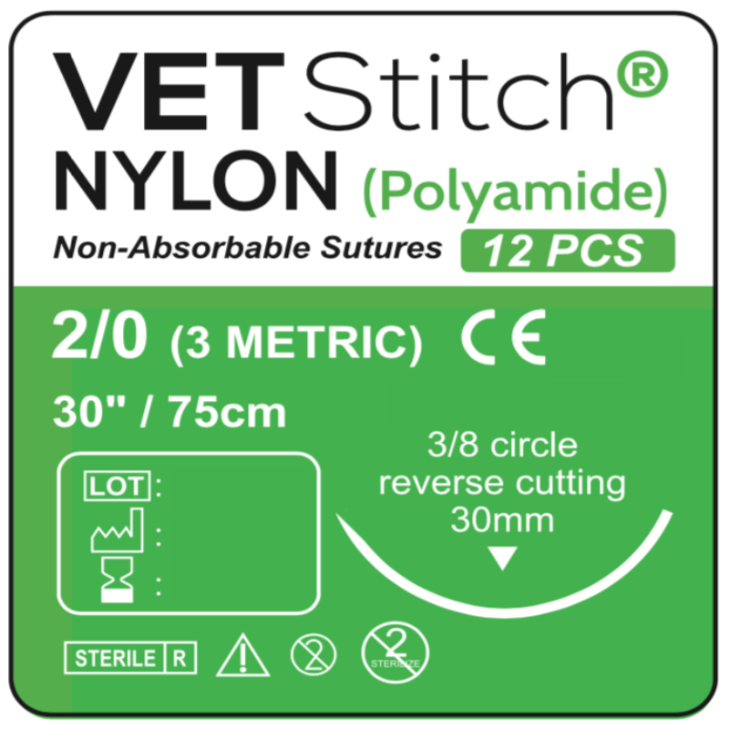 Vet Stitch Veterinary Australia NYLON 30mm 3/8 Circle Reverse Cutting Surgical Sutures 75cm (Box of 12) Size 2/0
