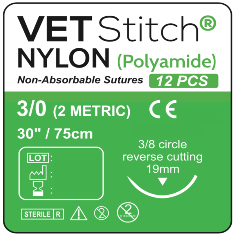 NYLON 19mm 3/8 Circle Reverse Cutting Surgical Sutures 75cm (Box of 12) Size 3/0