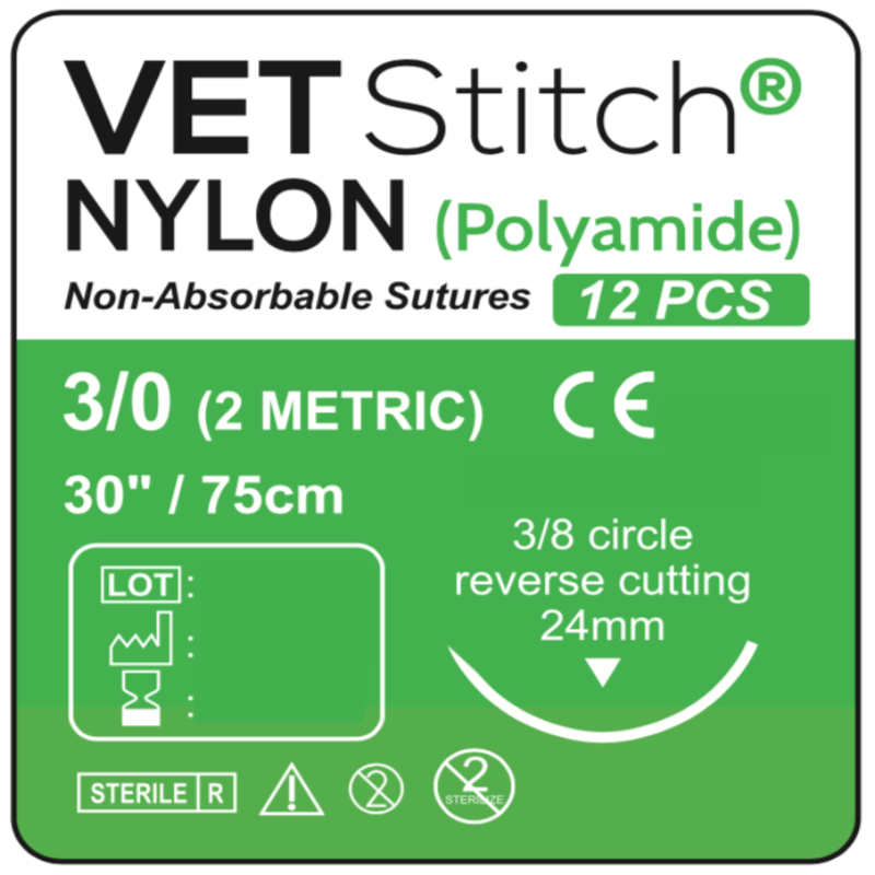 Vet Stitch Veterinary Australia NYLON 24mm 3/8 Circle Reverse Cutting Surgical Sutures 75cm (Box of 12) Size 3/0