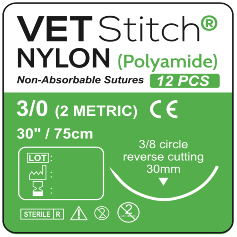 Vet Stitch Veterinary Australia NYLON 30mm 3/8 Circle Reverse Cutting Surgical Sutures 75cm (Box of 12) Size 3/0