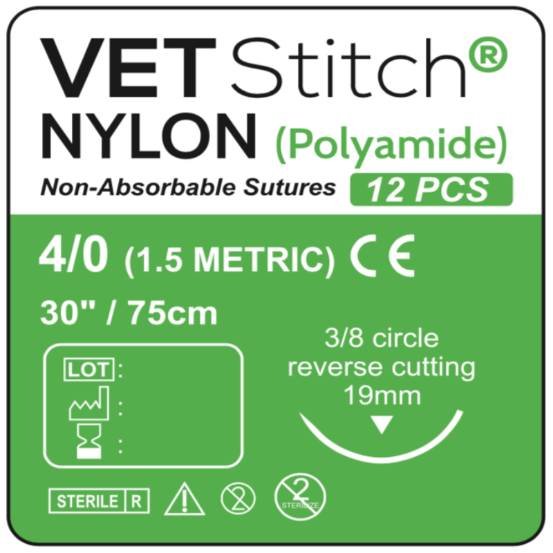 NYLON 19mm 3/8 Circle Reverse Cutting Surgical Sutures 75cm (Box of 12) Size 4/0