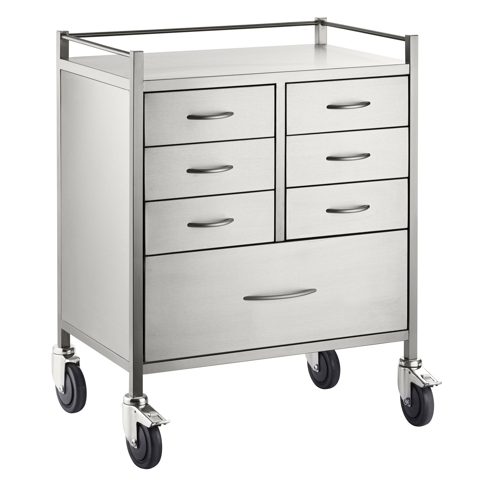 A strong high quality seven drawer resuscitation trolley with rails on top and lockable castors for safety.