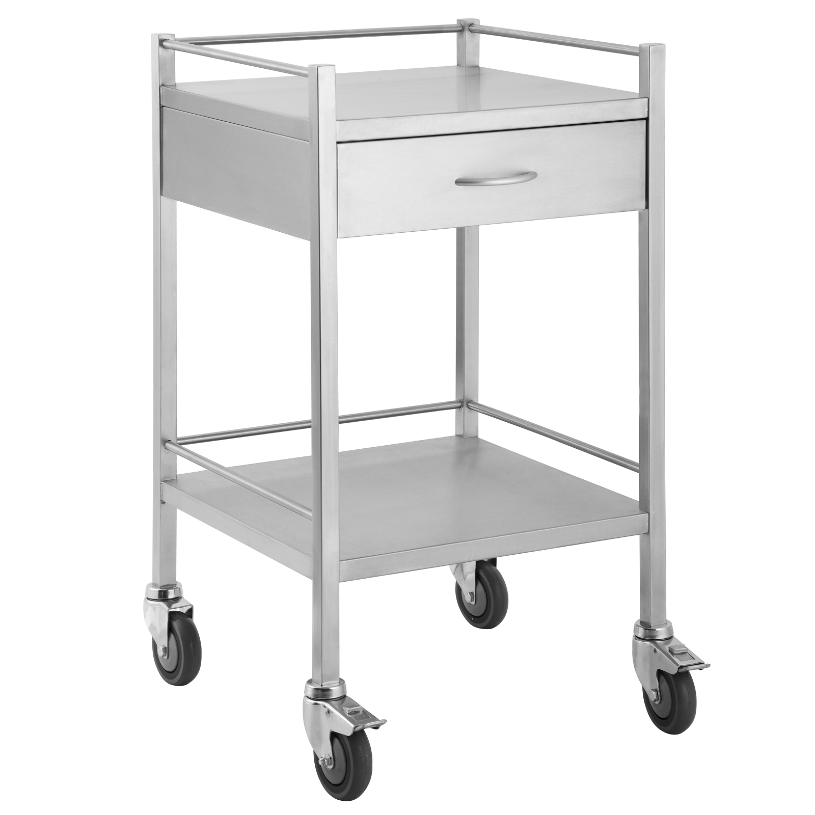 A high grade single drawer stainless steel trolley with smooth rolling castors, shelf, rails and an outstanding finish.