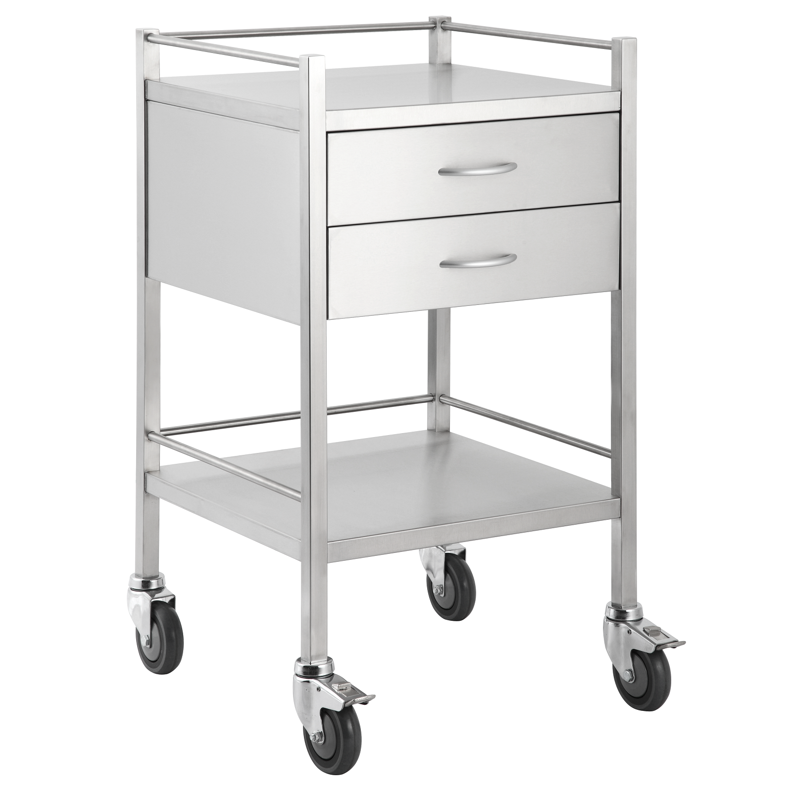 A high grade two drawer stainless steel trolley with smooth rolling castors, shelf, rails and an outstanding finish.