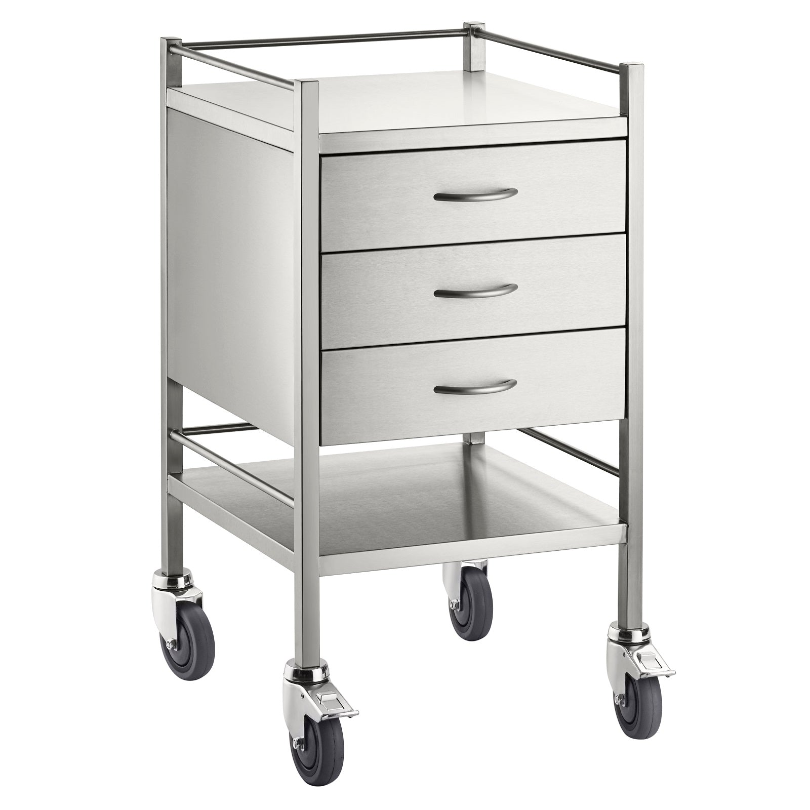 A high grade three drawer stainless steel trolley with smooth rolling castors, shelf, rails and an outstanding finish.