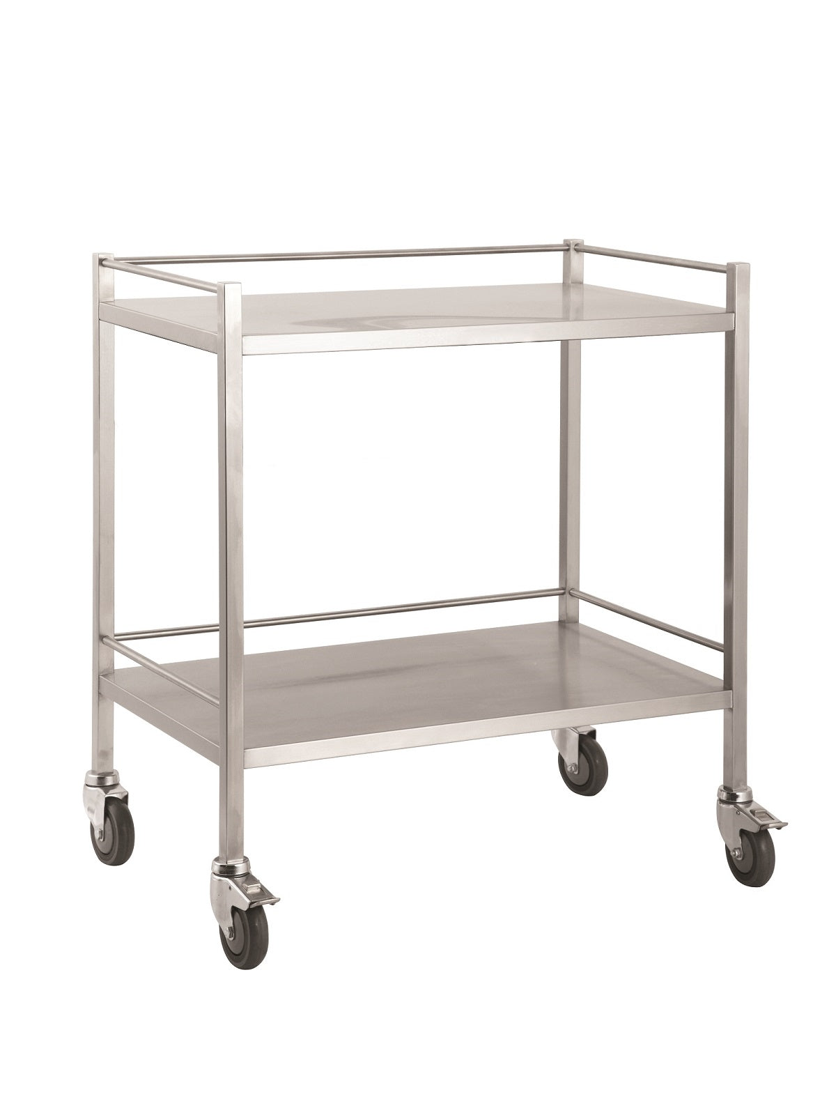 A high grade double stainless steel trolley with no drawer. Has top and bottom side rails and lockable castors for safety.