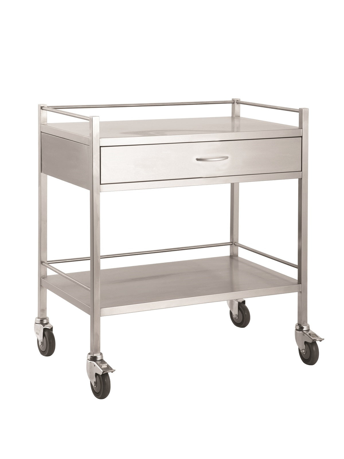 A high grade double stainless steel trolley with one full width drawer. Has top and bottom side rails and lockable castors for safety.