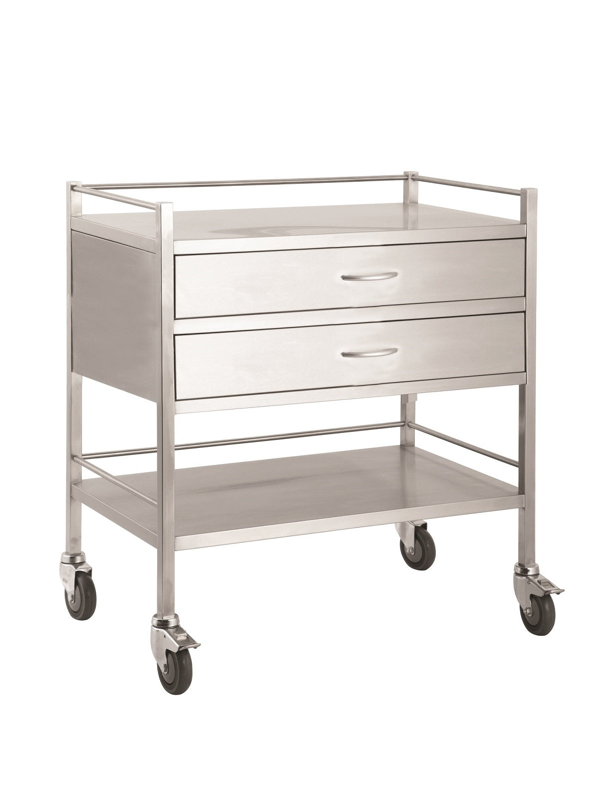 A high grade double two drawer stainless steel trolley. Has top and bottom side rails and lockable castors for safety.